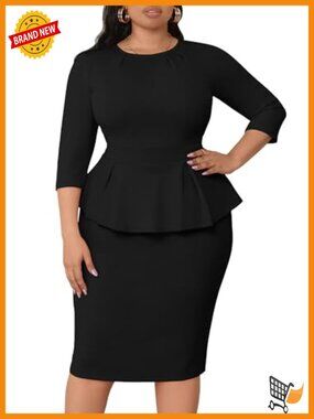 Plus Size Peplum Pencil Dress 3/4 Sleeve Work Office Business